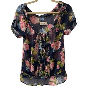 Abercrombie & Fitch Y2K Navy Pink Floral Sheer Ruffle Top size Small